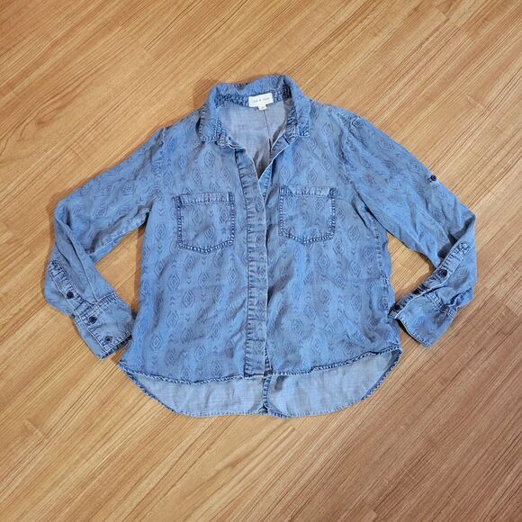 Cloth & Stone Top Shirt Womens Medium Blue Chambray Denim Southwest Aztec Casual - Picture 2 of 14